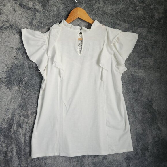 Women's Flutter Sleeveless White Crochet Blouse Top Size Medium Ruffle Keyhole - Picture 3 of 8